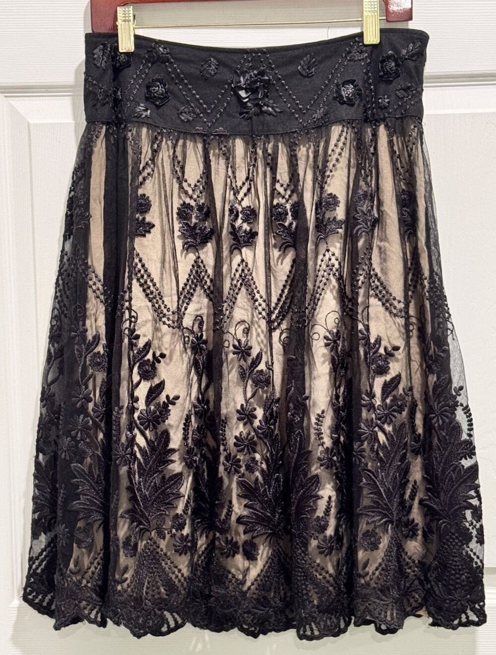 Basil & Maude Sheer Black Embroidered Floral Layer Skirt Sz 8 Steampunk Fairy